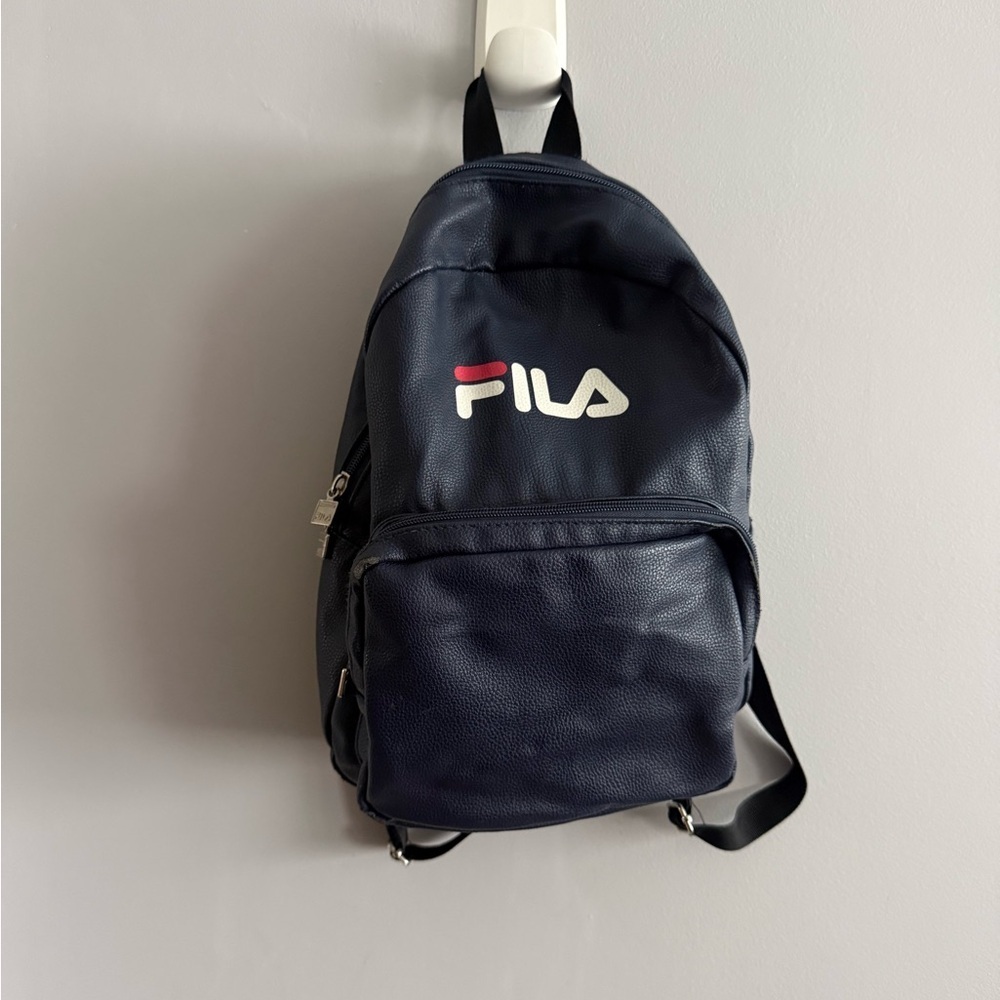 FILA Navy Faux Leather Mini Backpack Logo Front
